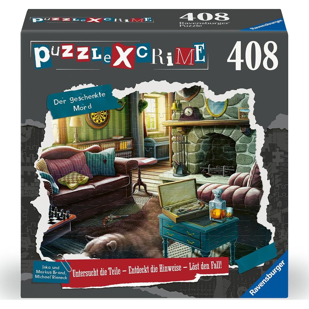 Miejsce zbrodni z sofą, kominkiem i skórą niedźwiedzia. Puzzle.