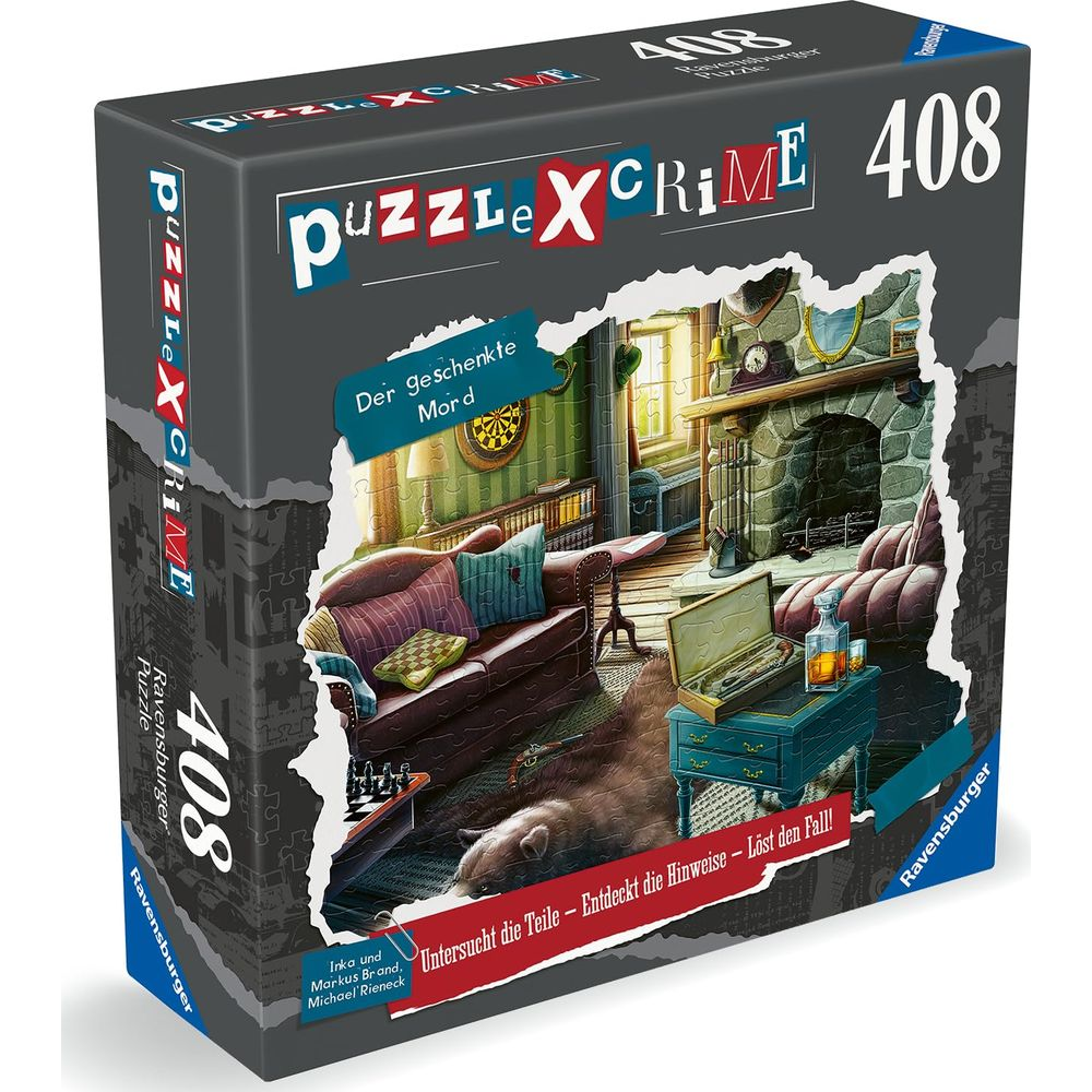 Pudełko z puzzlami przedstawia scenę zbrodni w salonie z sofą i kominkiem.