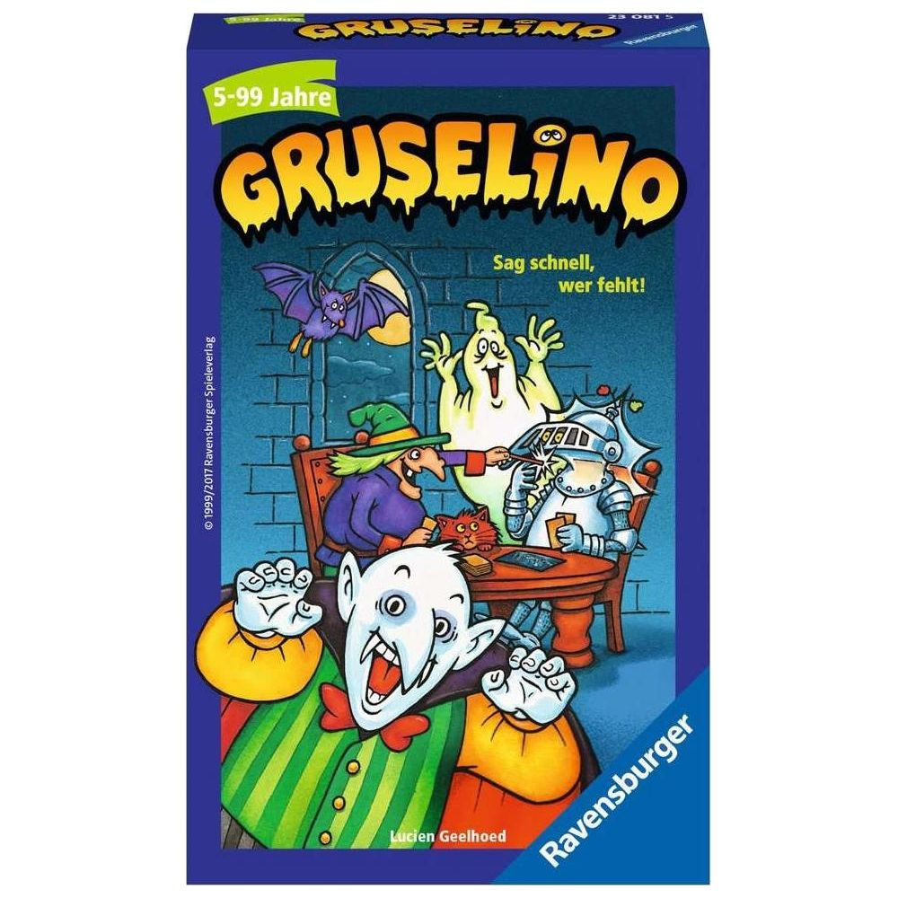 Gruselino Spiel: Vampir, Hexe, Geist, Ritter, Fledermaus und Katze vor Burgmauer.