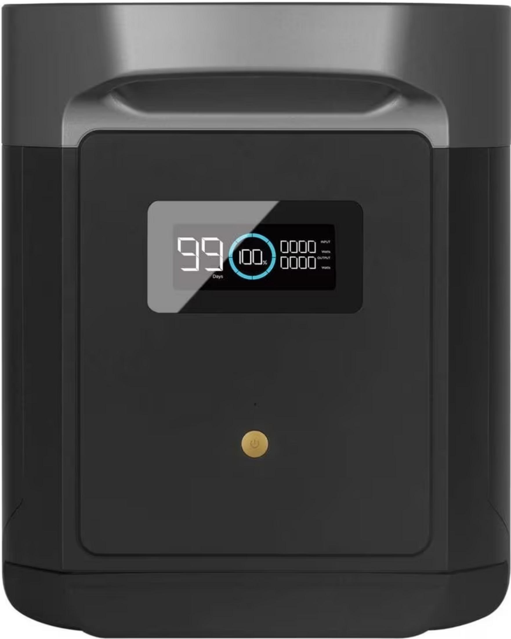 Estación de energía negra con pantalla digital que muestra 99 días y 100% de carga.