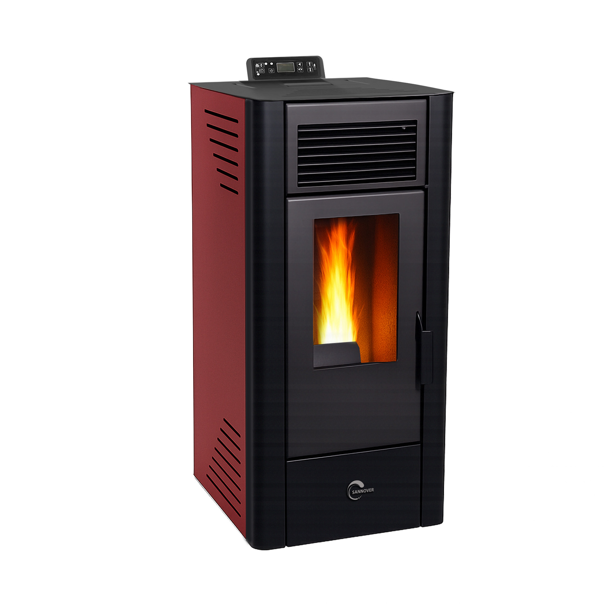 Ein roter Pelletöfen mit schwarzer Vorderseite und brennender Flamme.