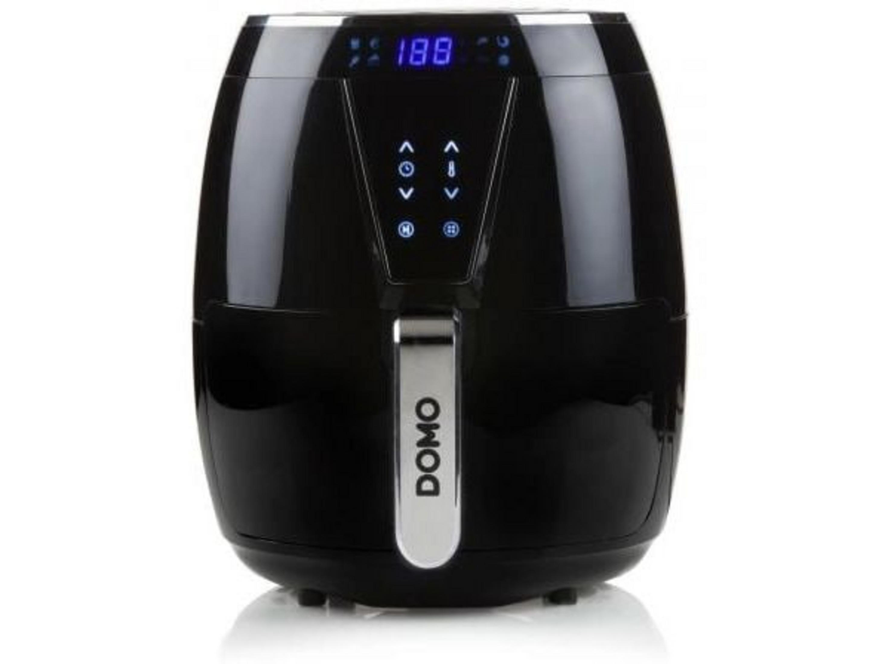 Czarna frytkownica beztłuszczowa z cyfrowym wyświetlaczem i srebrnym uchwytem.