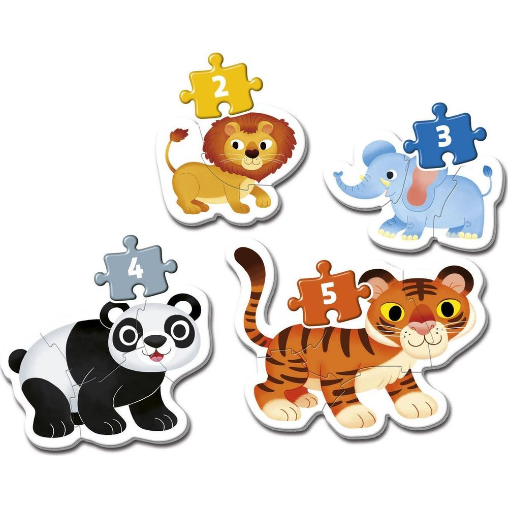 Quattro pezzi di puzzle: leone (2), elefante (3), panda (4), tigre (5) su sfondo bianco.