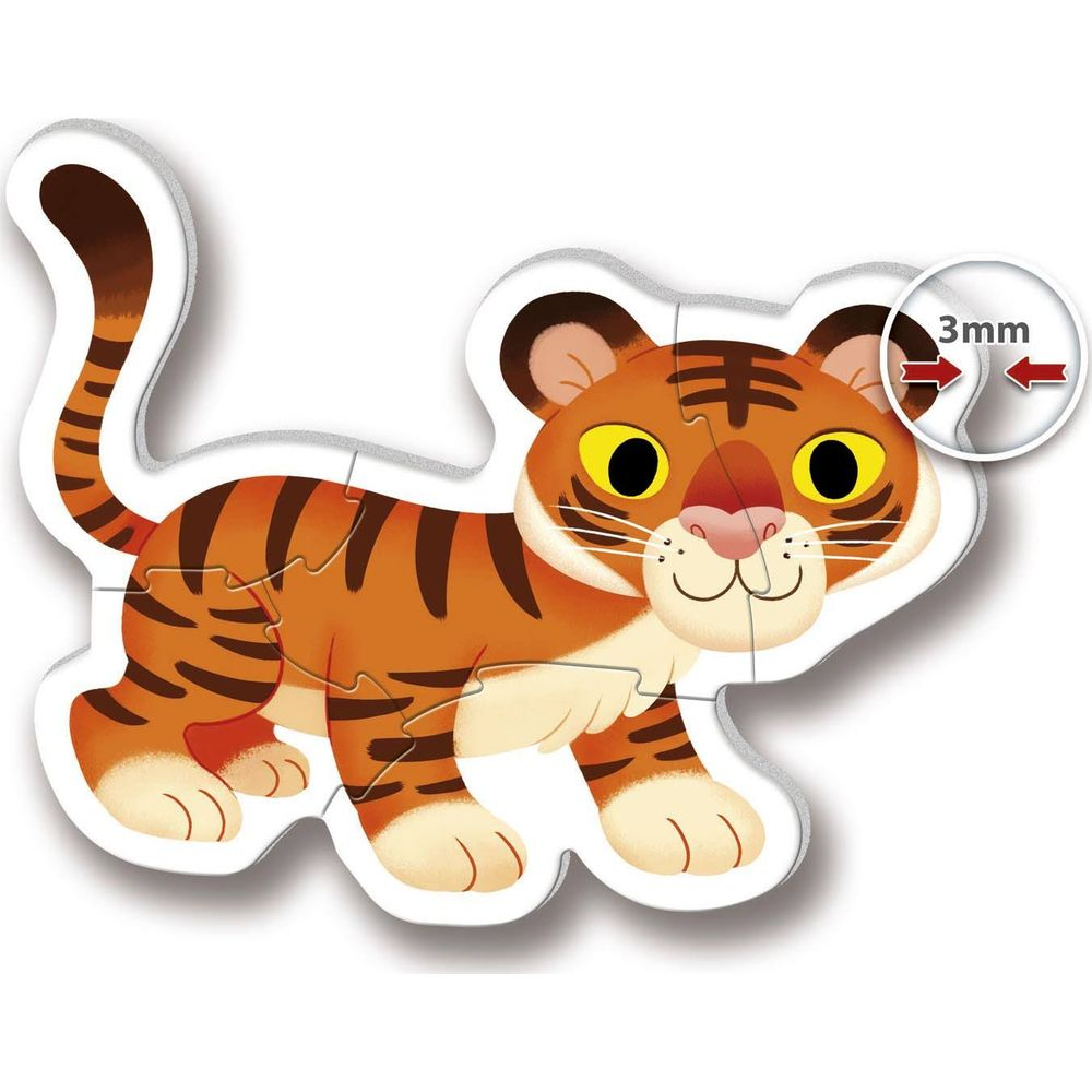 Una tigre cartone animato arancione con strisce nere e occhi gialli.