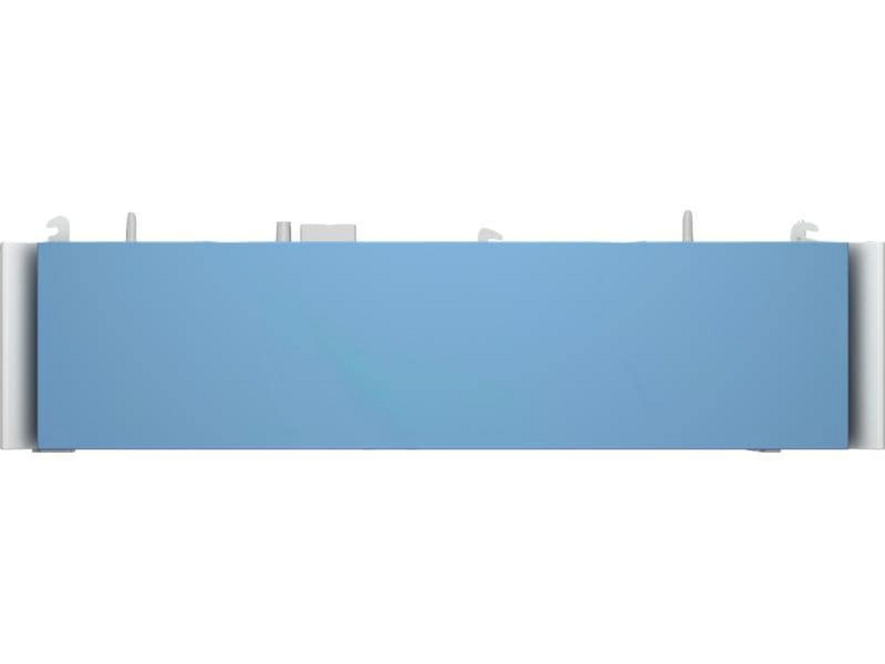 Jasnoniebieski prostokątny przedmiot z białymi bokami i małymi białymi złączami na górze.