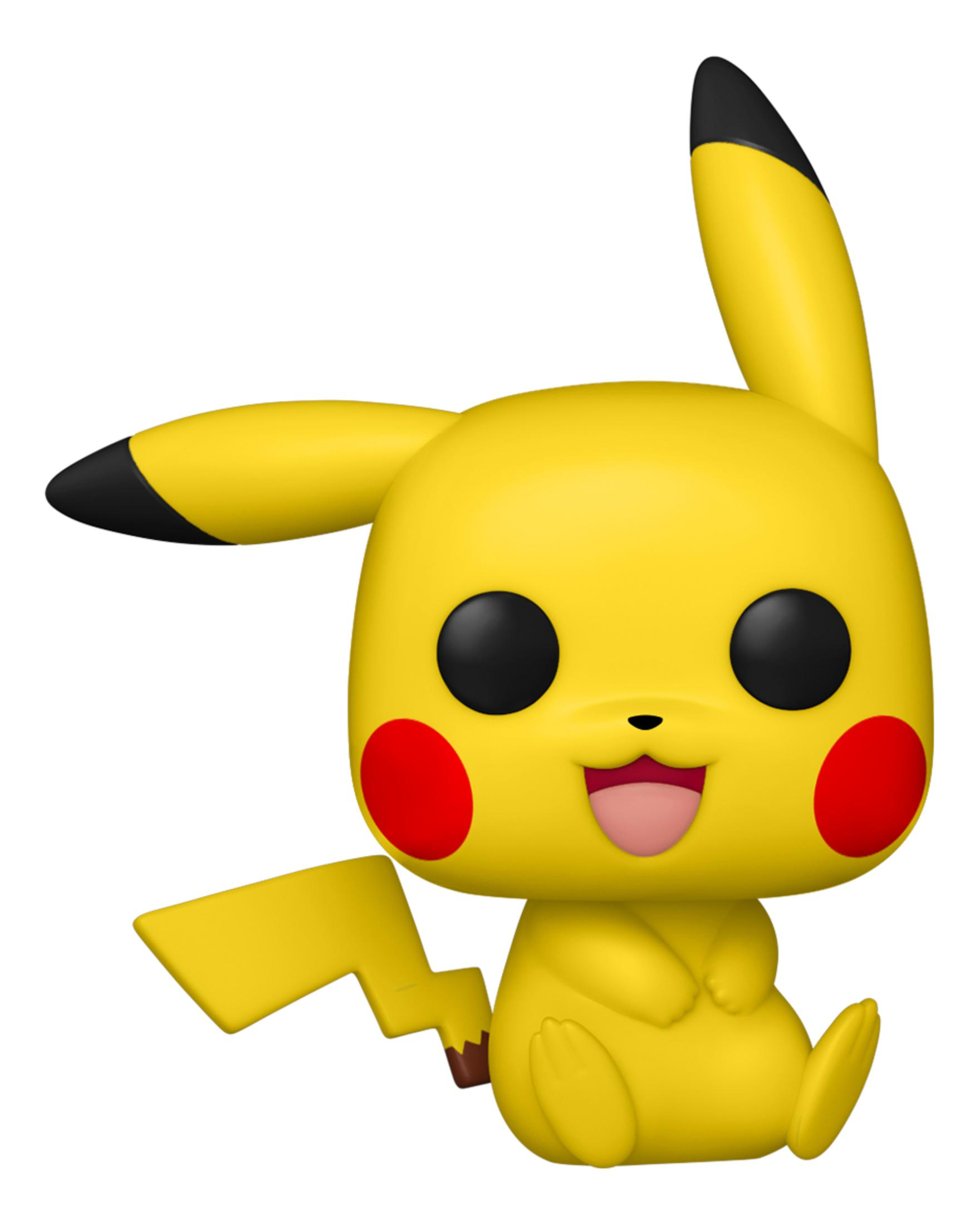 Żółta figurka Pikachu z czerwonymi policzkami i ogonem błyskawicy siedzi.