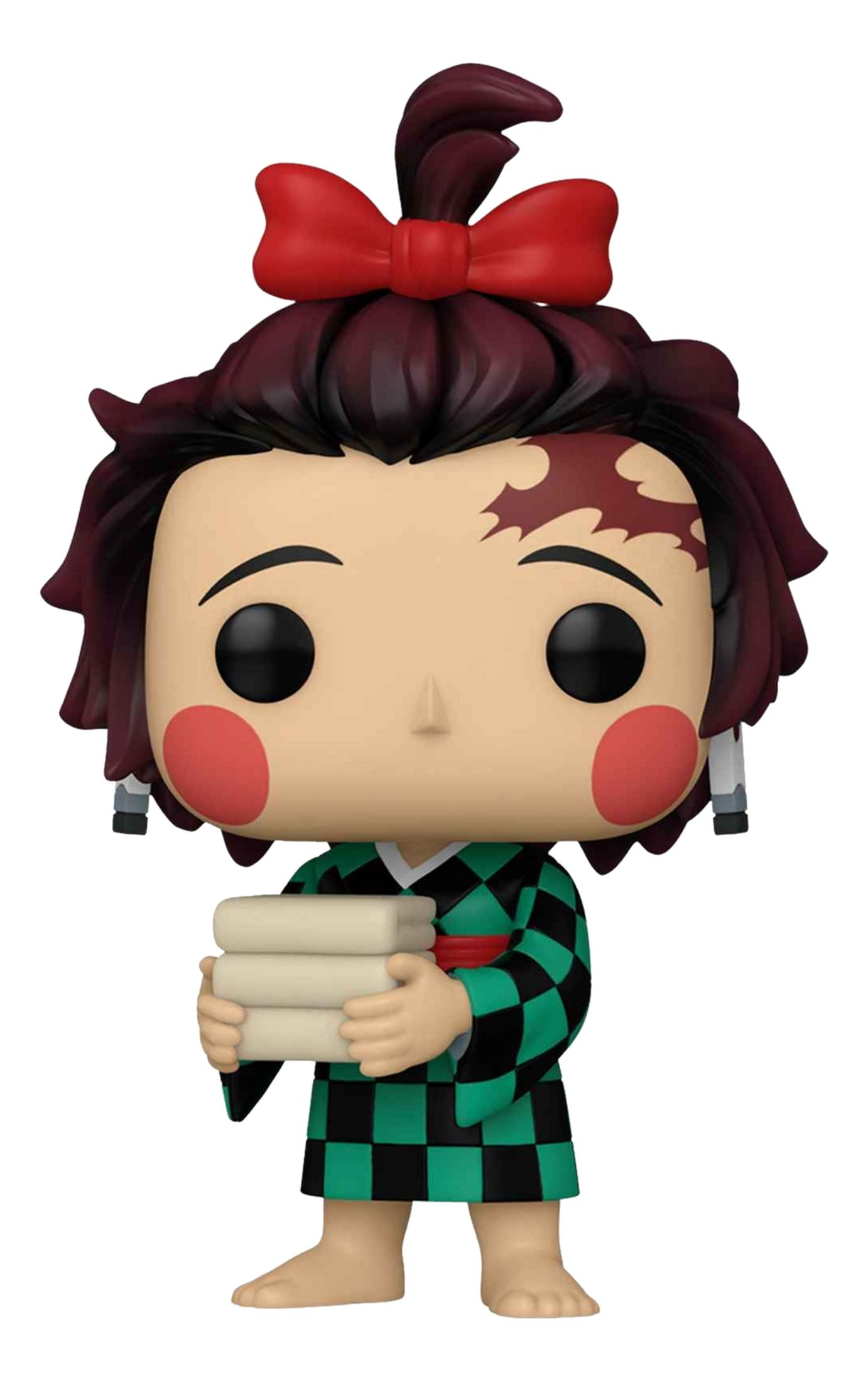 Un personaje Funko Pop con pelo oscuro, lazo rojo, traje a cuadros y tres objetos blancos.