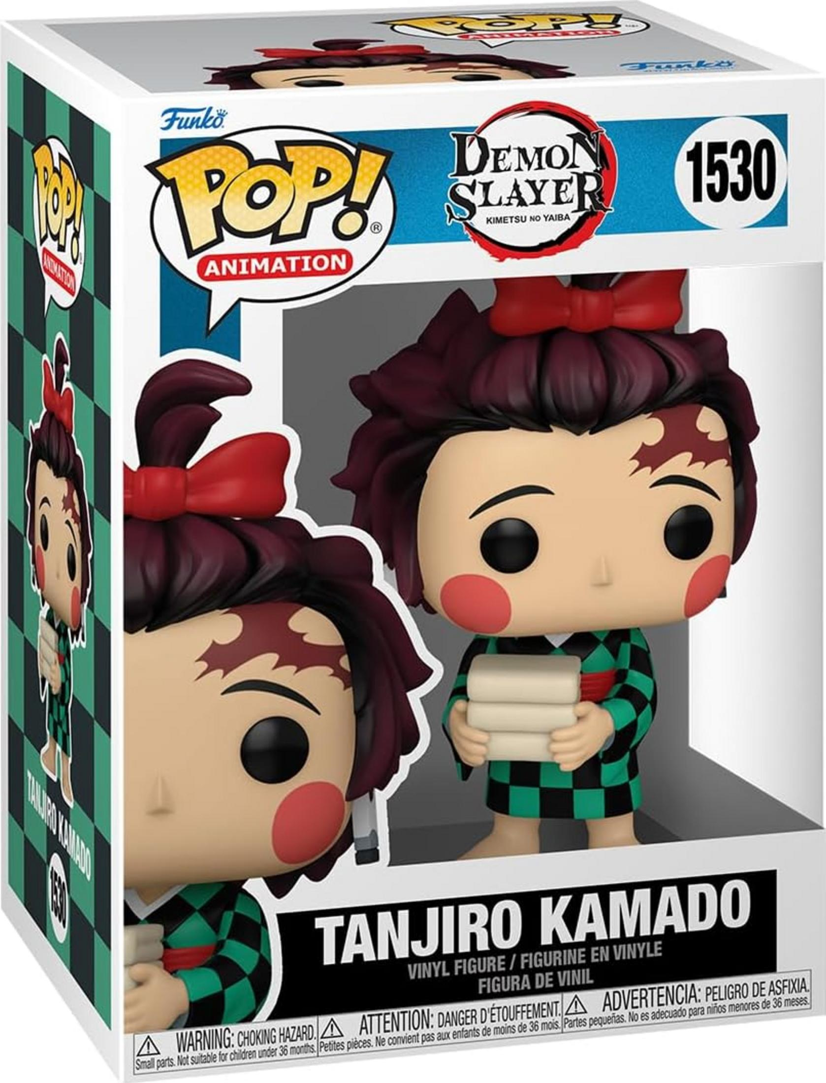Figura Funko Pop! de Tanjiro Kamado de Demon Slayer con lazos rojos y ropa verde a cuadros.