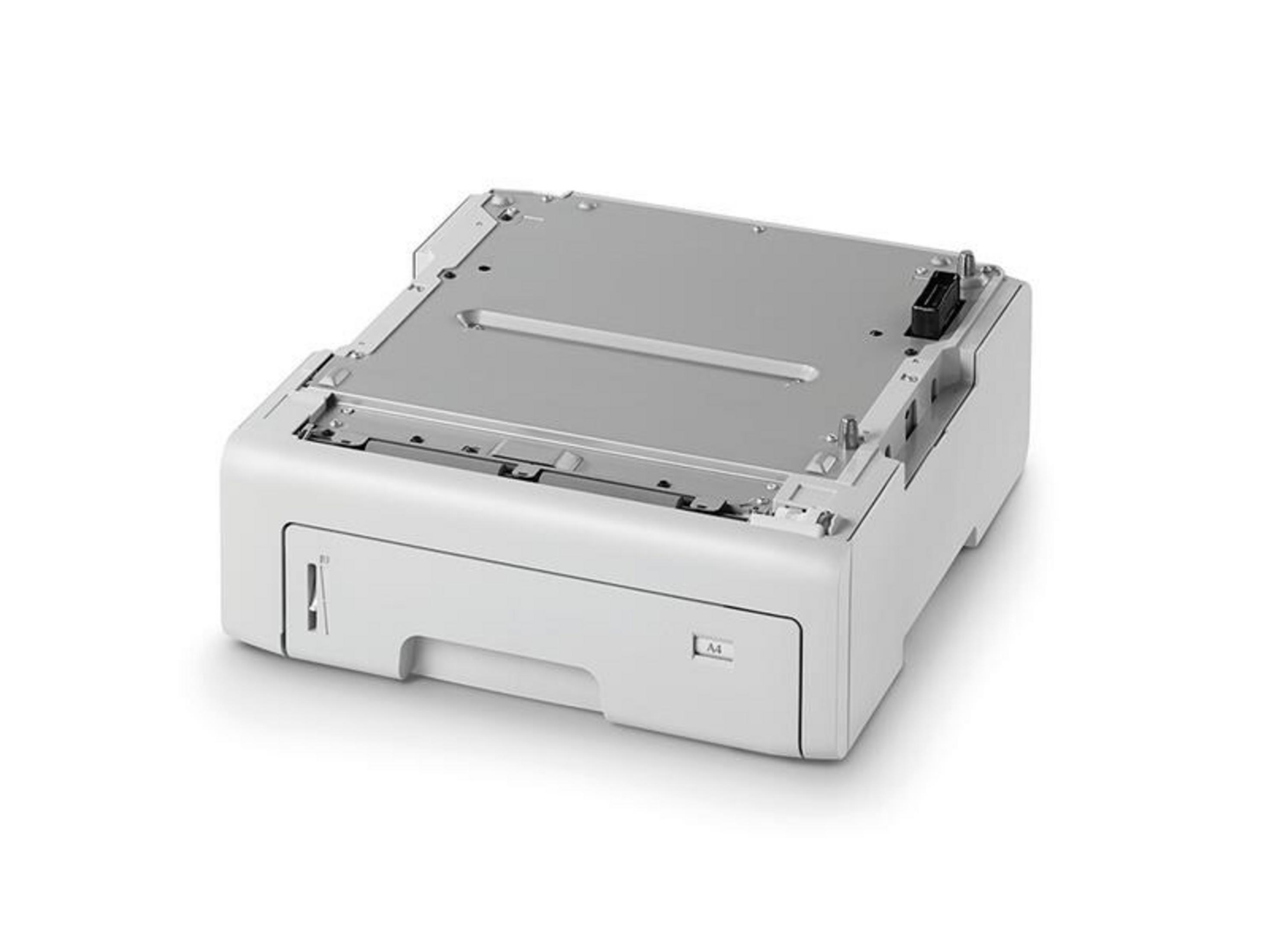 Biała taca na papier drukarki z symbolem A4 i przyciskiem wysuwania.