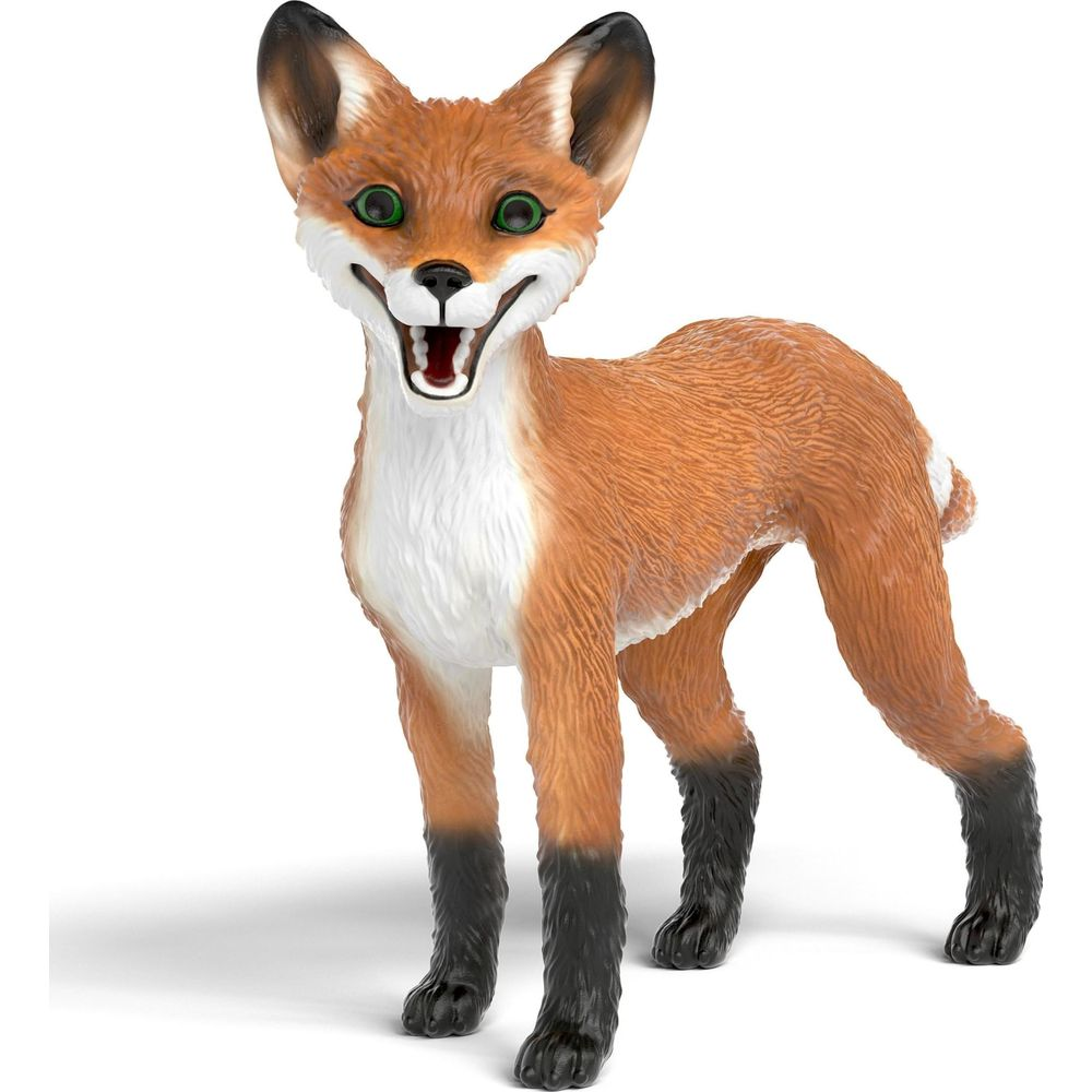 Zabawka lisa z pomarańczowo-brązowym futrem, białymi akcentami i czarnymi nogami.