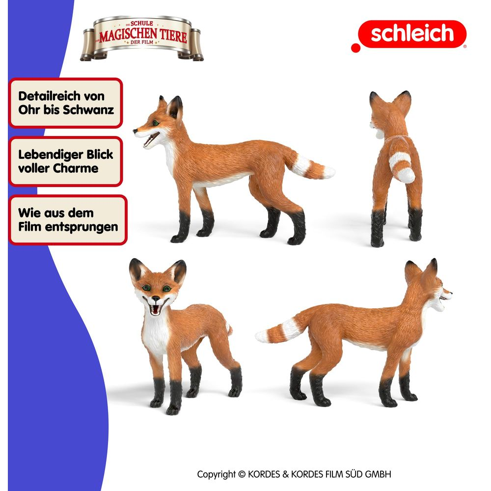 Cztery figurki lisa Schleich w różnych ujęciach, z niemieckim tekstem.