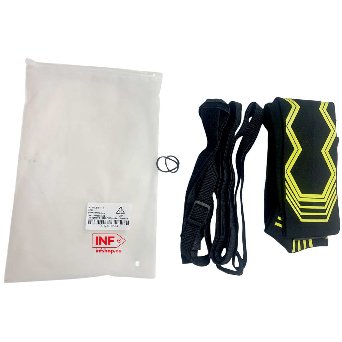 Cinghie elastiche nere con fibbie, due anelli di gomma neri e una manica nera con accenti gialli.