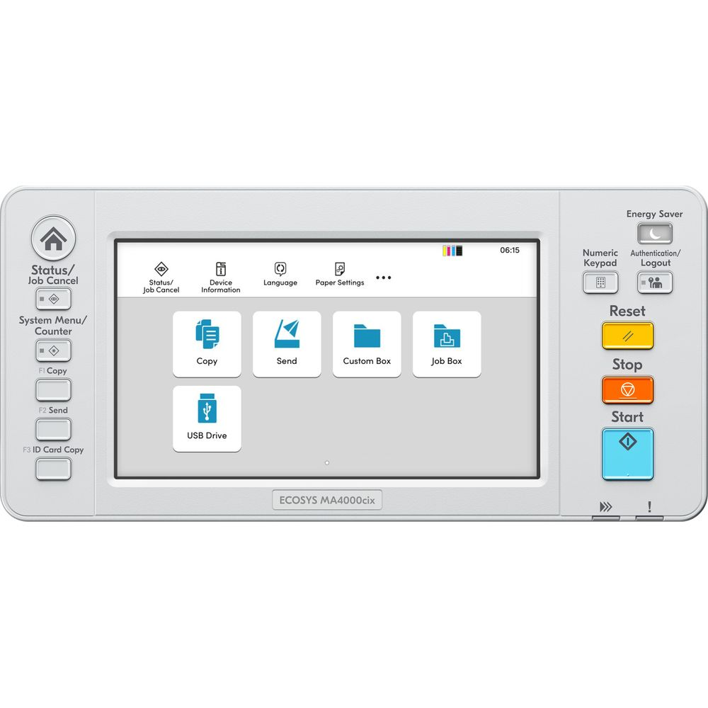 Drukarka wielofunkcyjna z panelem sterowania dotykowym i przyciskami funkcyjnymi.