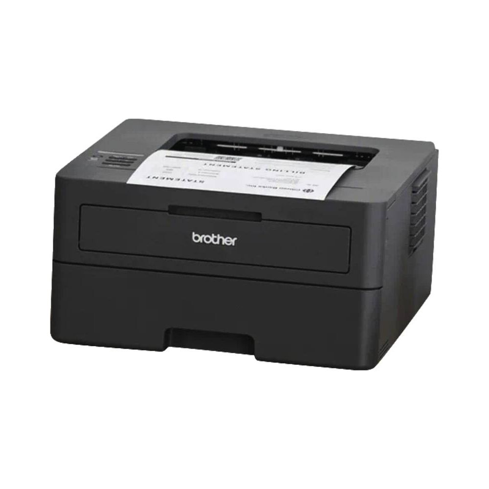 Czarna drukarka laserowa Brother z kartką papieru wystającą z podajnika wyjściowego.