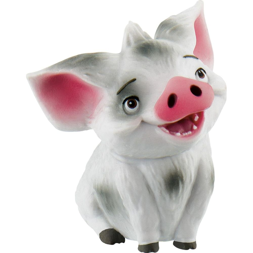 Un maialino bianco con orecchie e muso rosa è seduto e sorride.