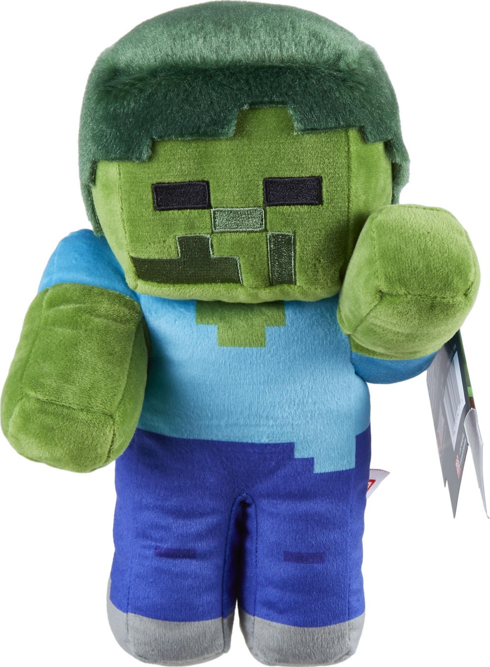 Ein grünes Minecraft-Zombie-Plüschtier mit blauer Kleidung und grauen Füßen.