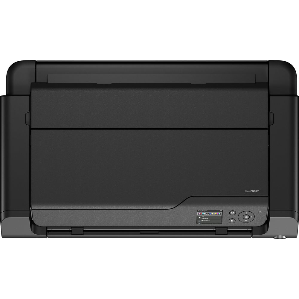 Czarna drukarka z małym ekranem i przyciskami sterującymi.