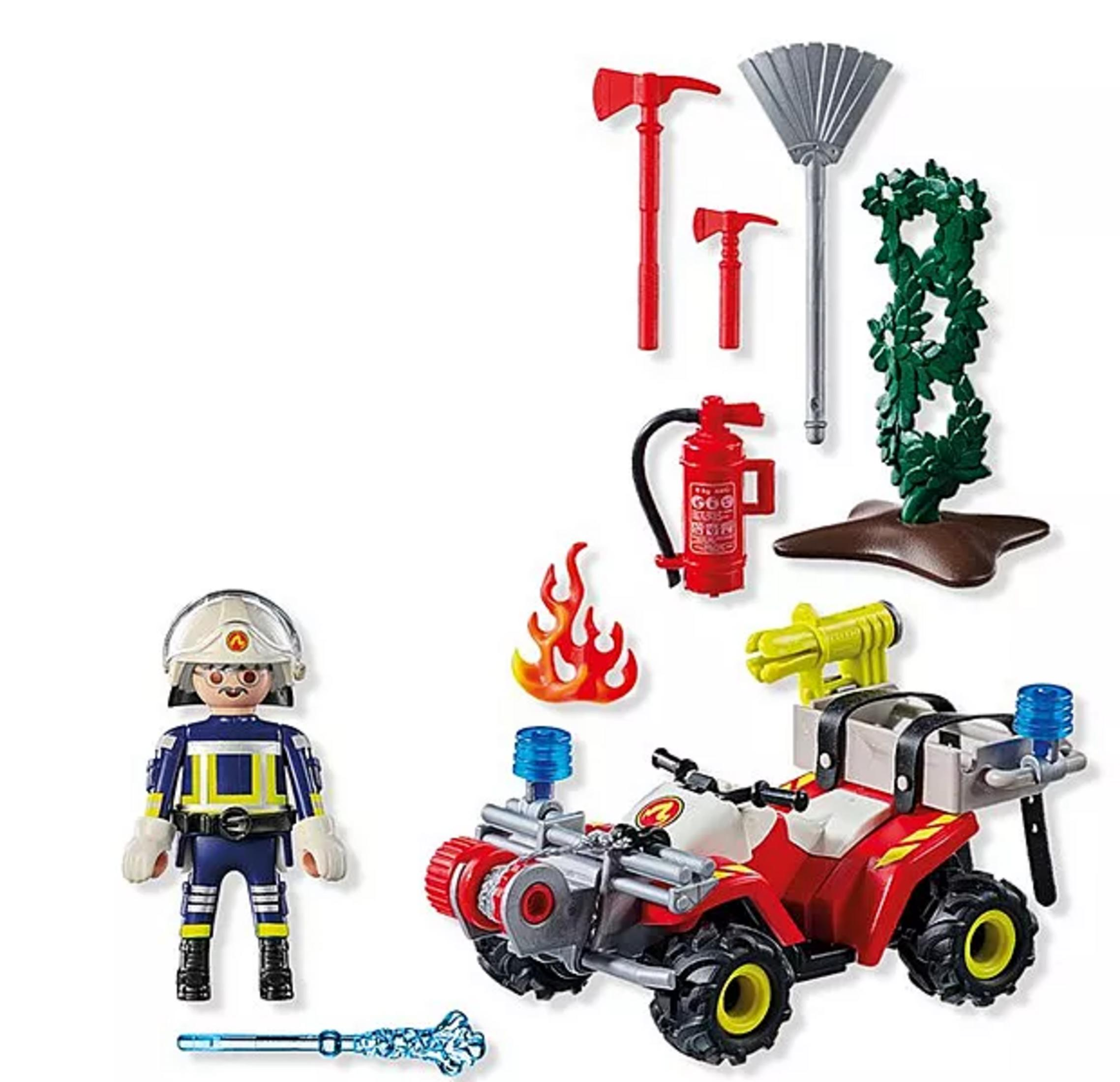 Strażak z quadem, gaśnicą, siekierami i płomieniami.