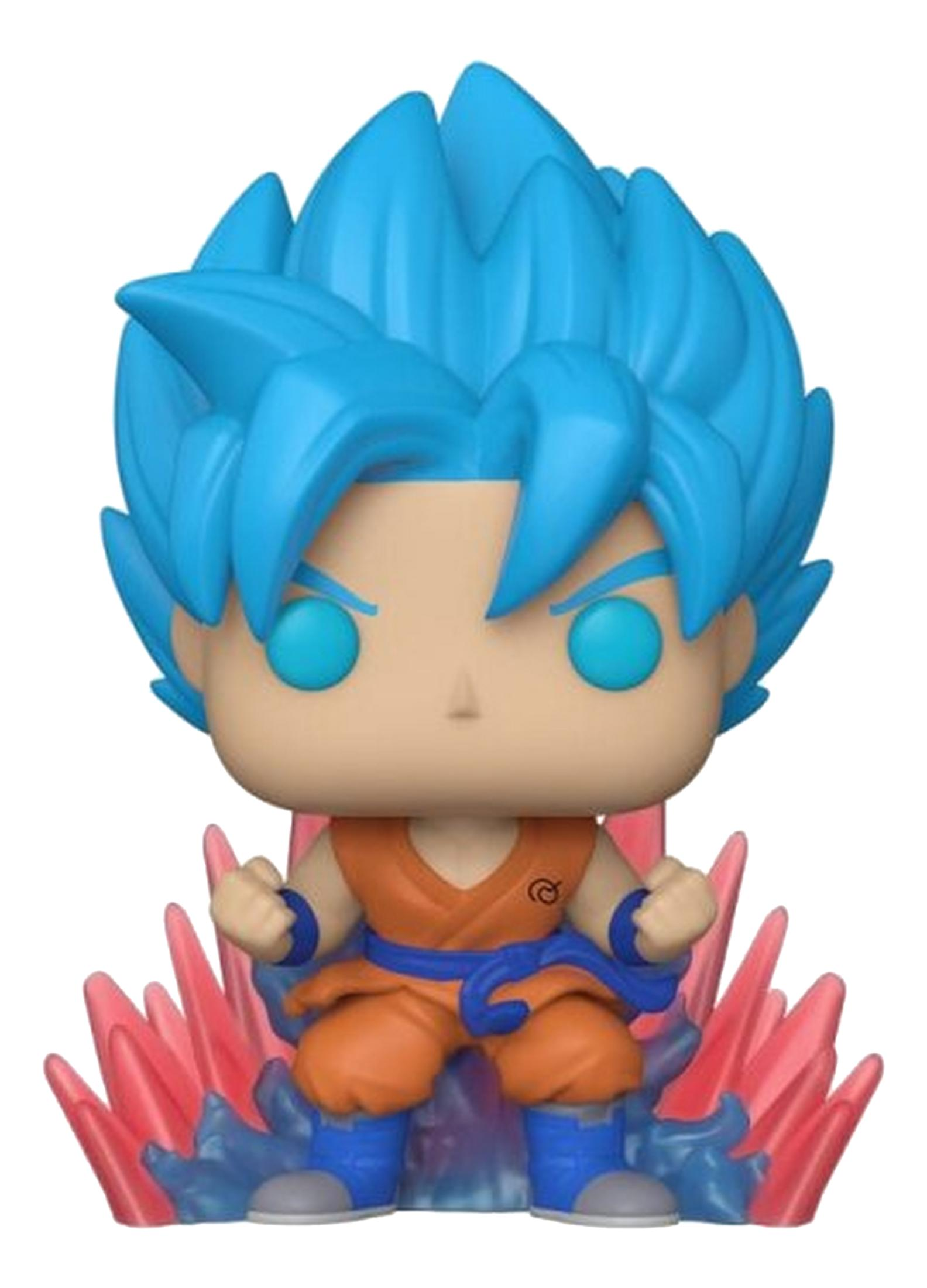 Una figura di Goku con capelli e occhi blu, indossa un abito arancione.