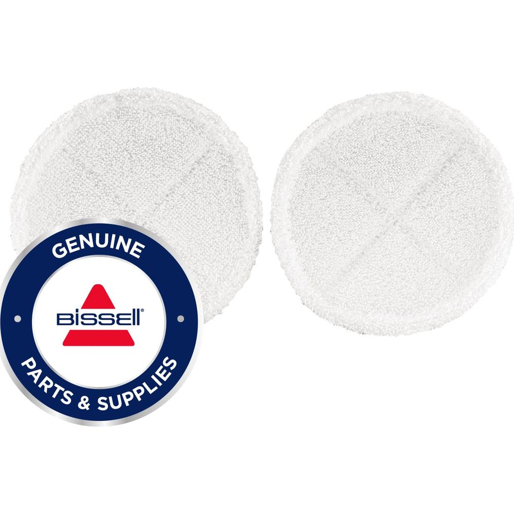 Zwei runde weiße Reinigungspads mit Bissell-Logo und Schriftzug "Genuine Parts & Supplies".