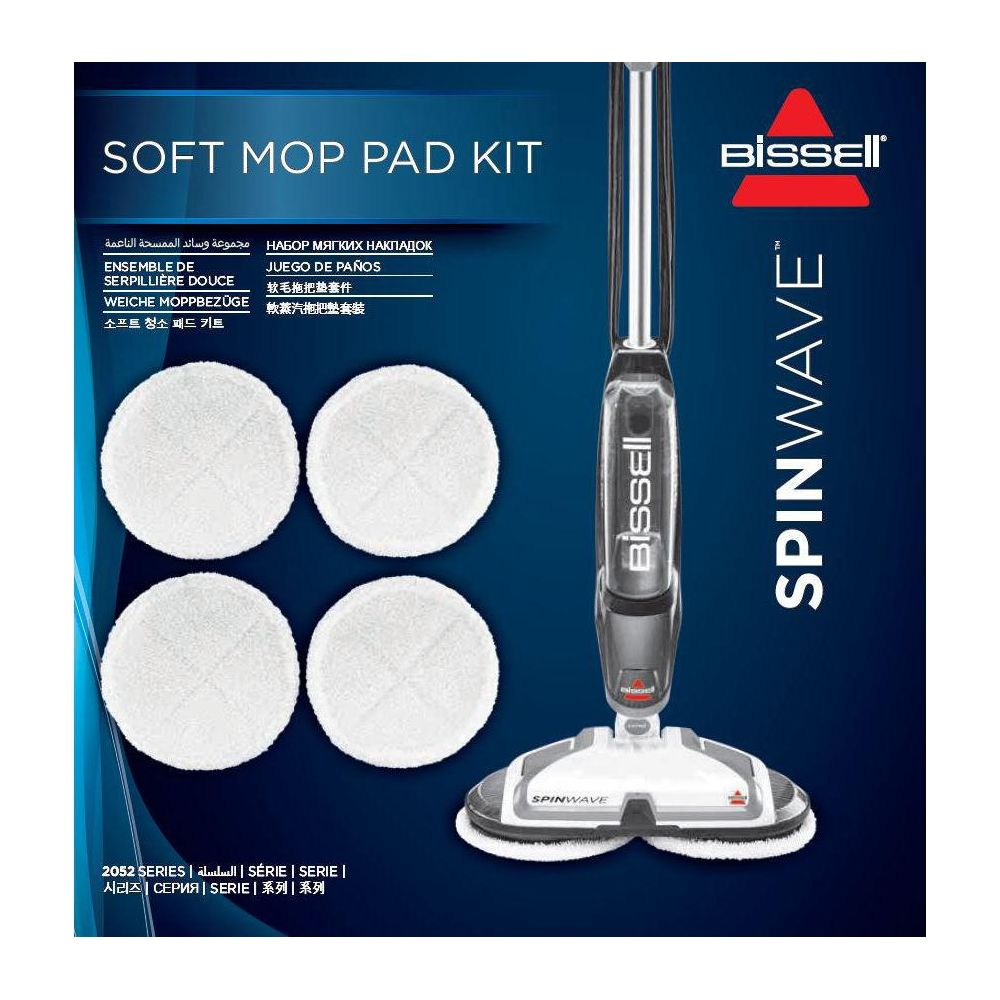 Bissell SpinWave Mop Pad Kit mit vier runden Wischtüchern und Gerät.