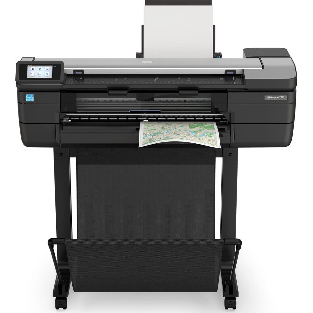 Czarna drukarka HP Designjet T830 z drukowaną mapą.