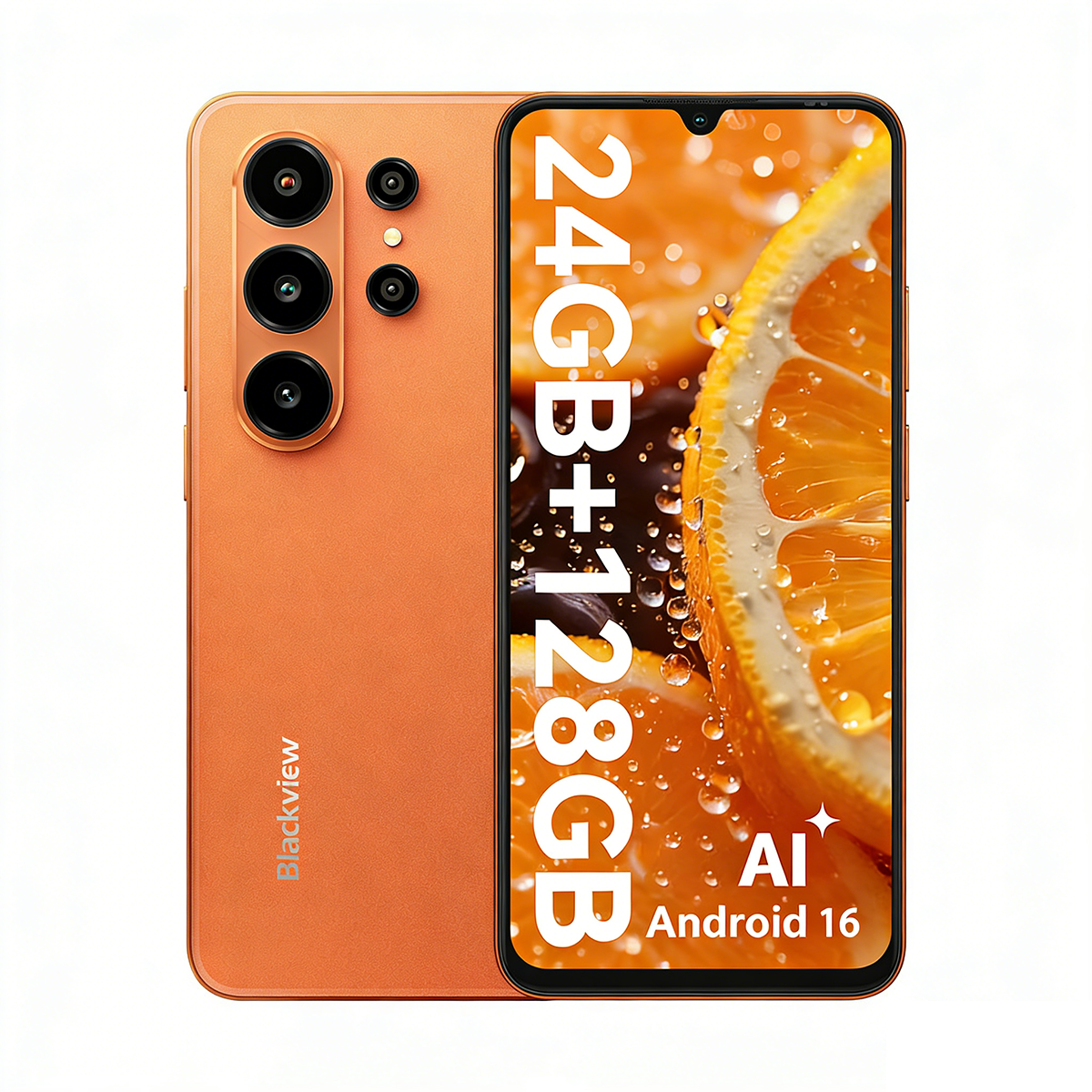 Smartphone arancione con fotocamere e sfondo di frutta. 24GB+128GB.