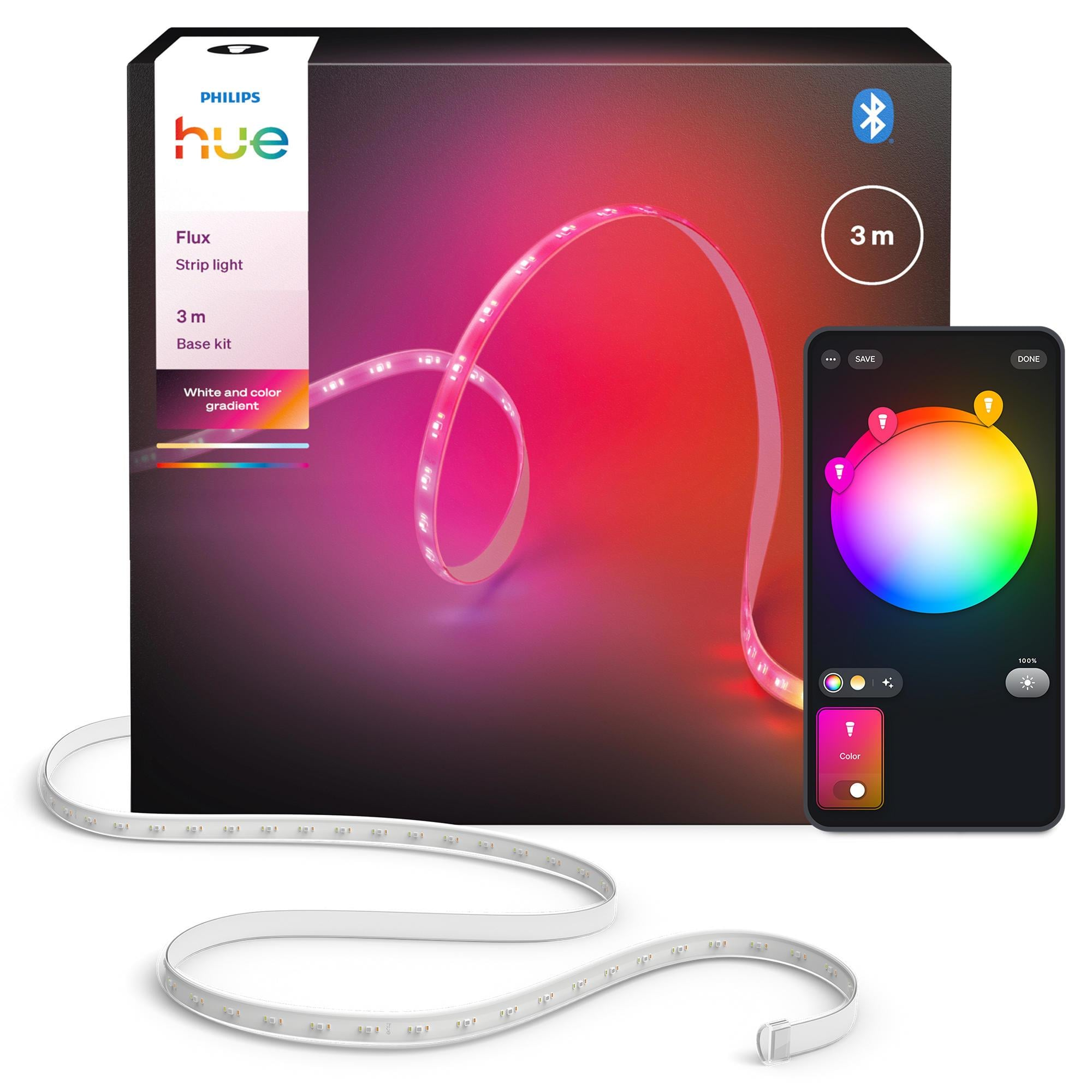 Renk geçişli Philips Hue ışık şeridi ve akıllı telefon uygulama kontrolü.