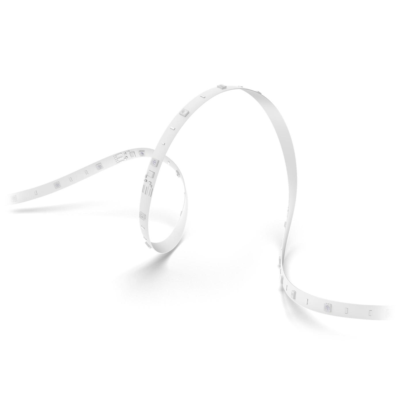 Una striscia LED bianca si curva su sfondo bianco.