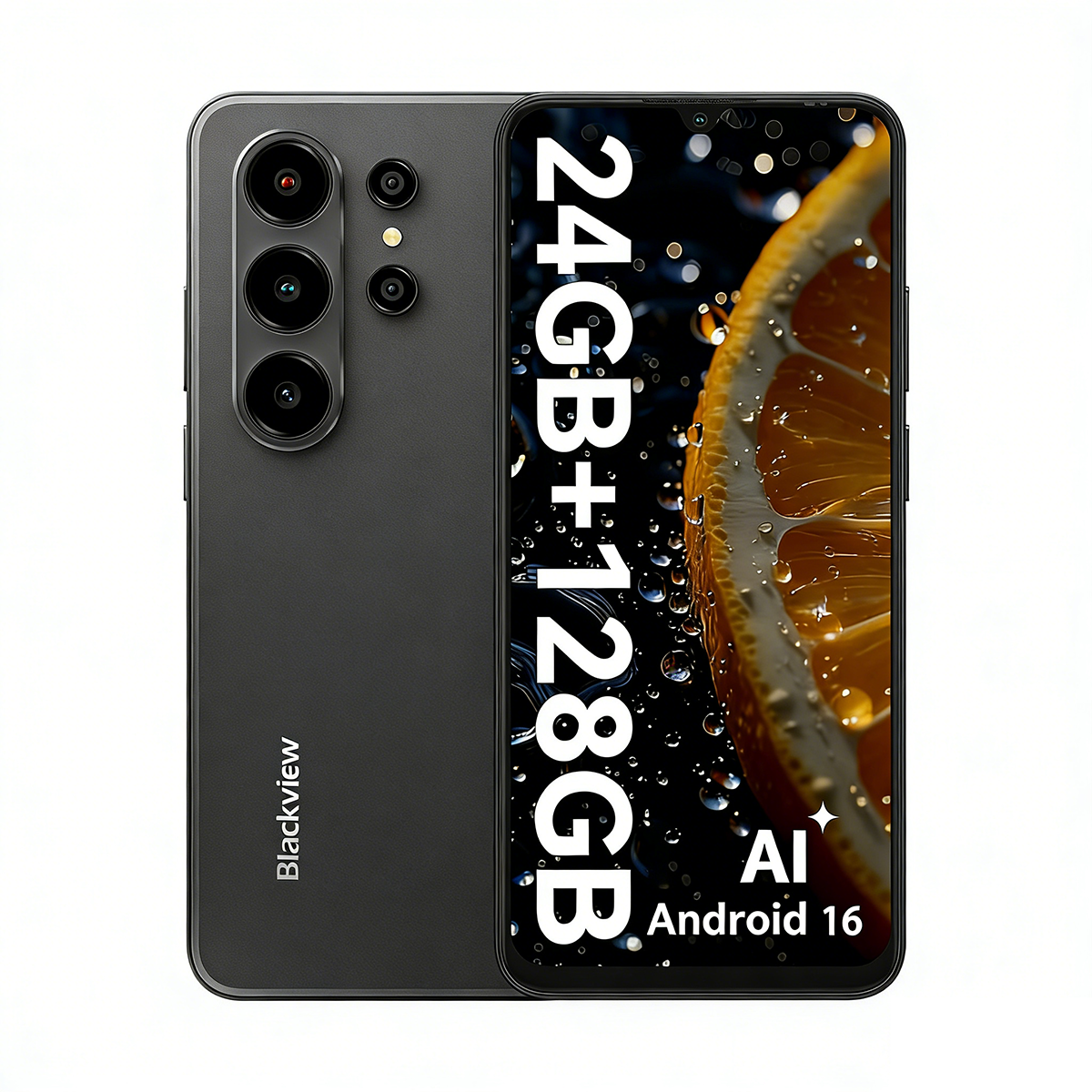 Smartphone nero con tre fotocamere, con sfondo di frutta arancione.