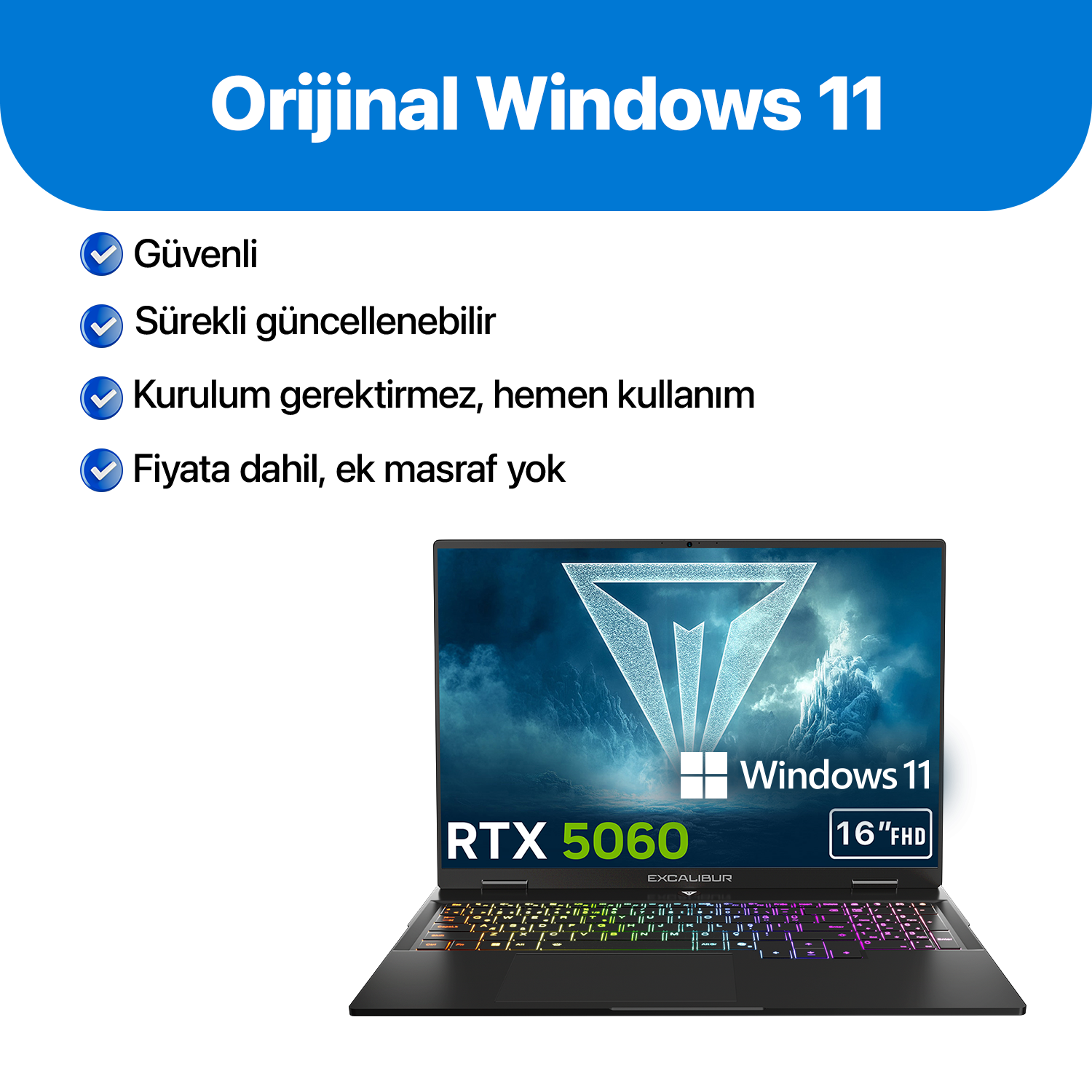 Windows 11, RTX 5060 ve 16 inç FHD ekrana sahip dizüstü bilgisayar.