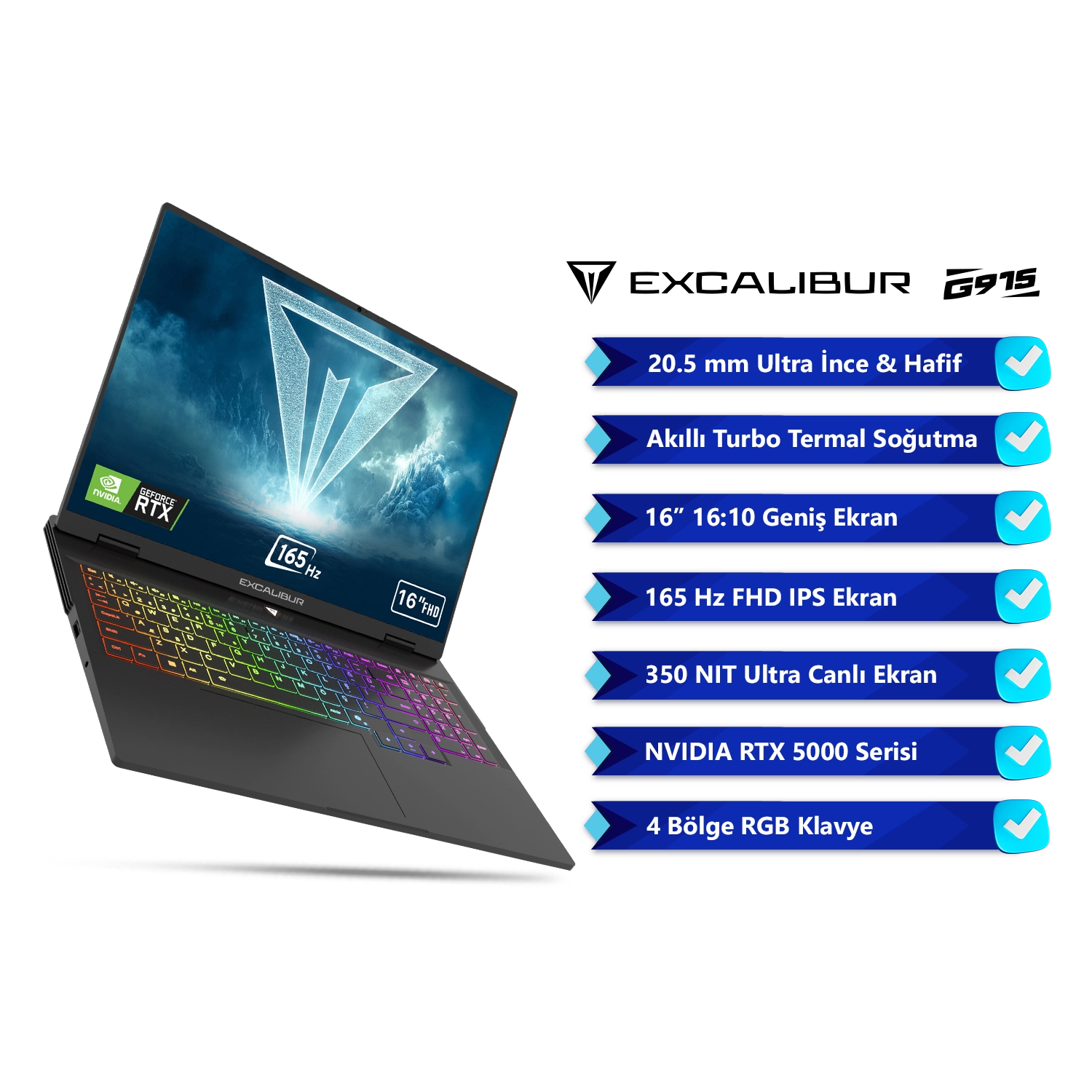 RGB klavyeli ve Nvidia RTX ekran kartlı siyah laptop.