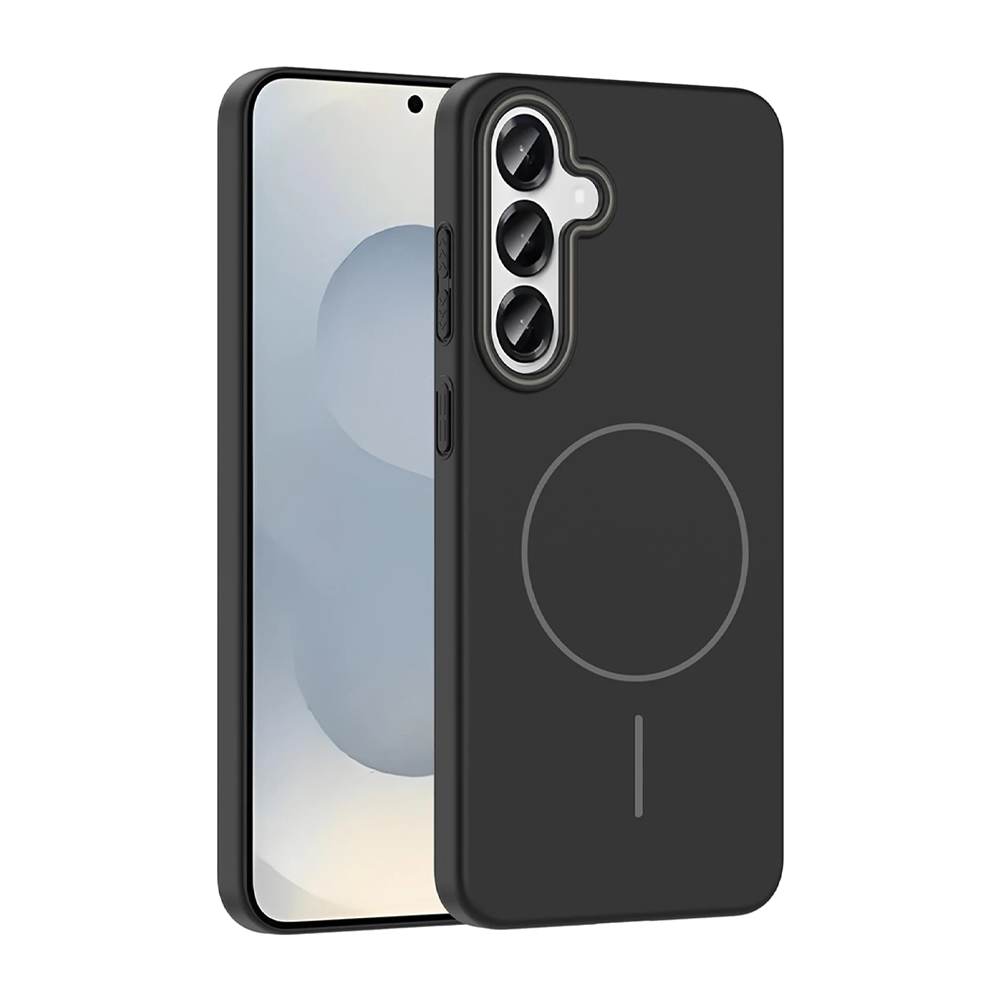 Üç kamera lensli ve manyetik halkalı siyah telefon kılıfı.