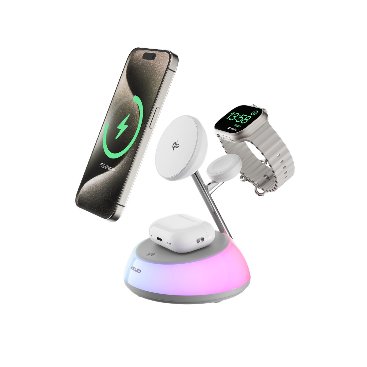 iPhone, AirPods ve Apple Watch'lu şarj standı.