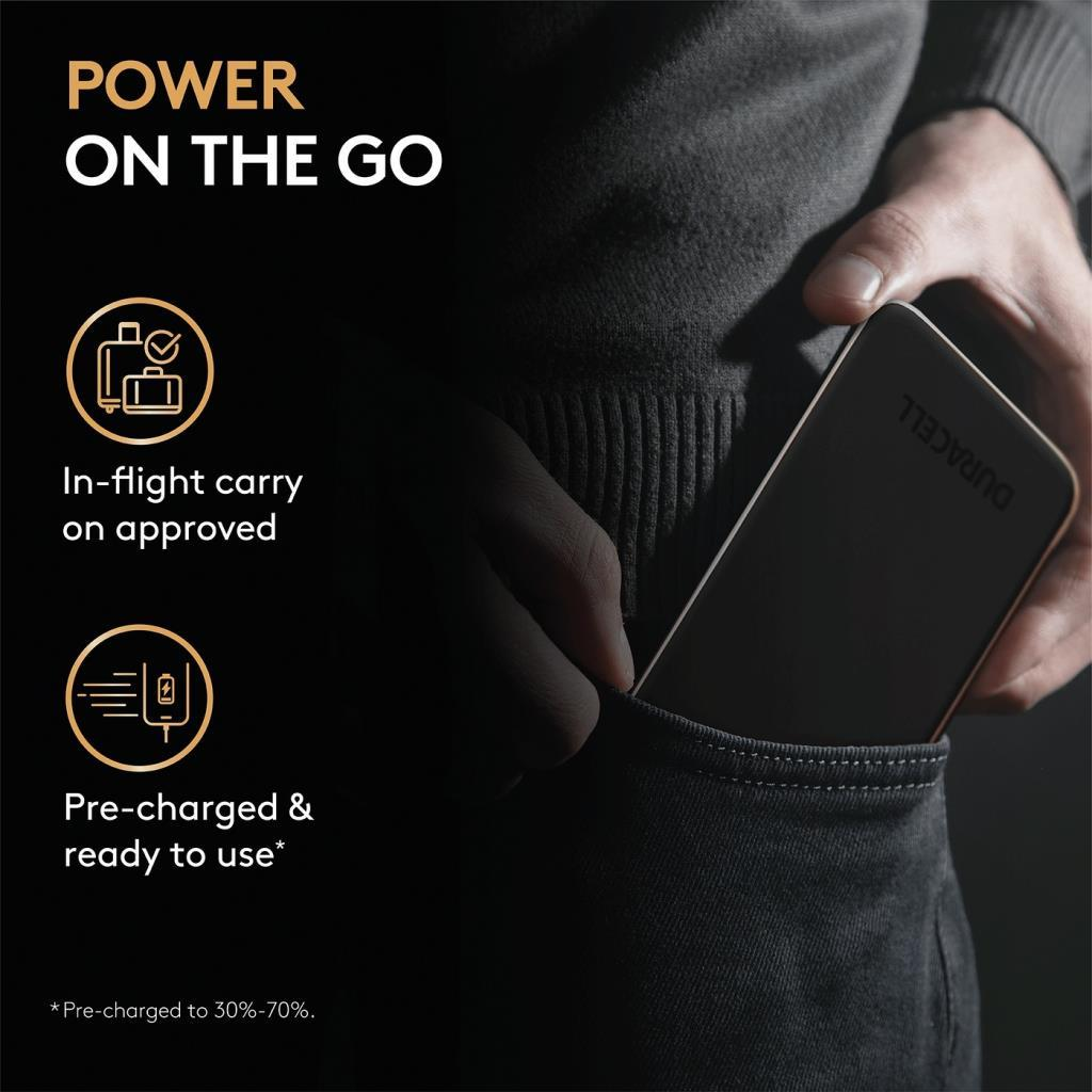 Duracell powerbank cep içine konuluyor. Metin: Power on the go.