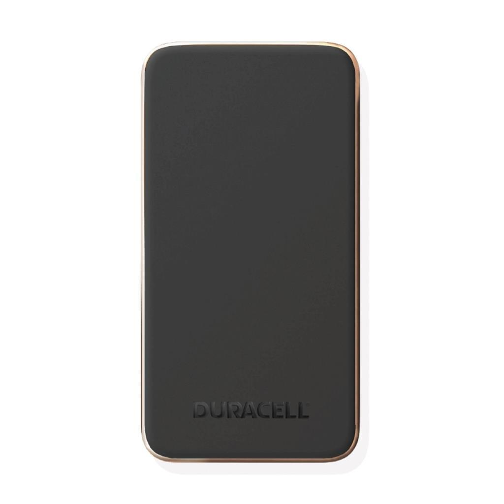 İnce altın kenarlı siyah Duracell şarj cihazı, beyaz zeminde.