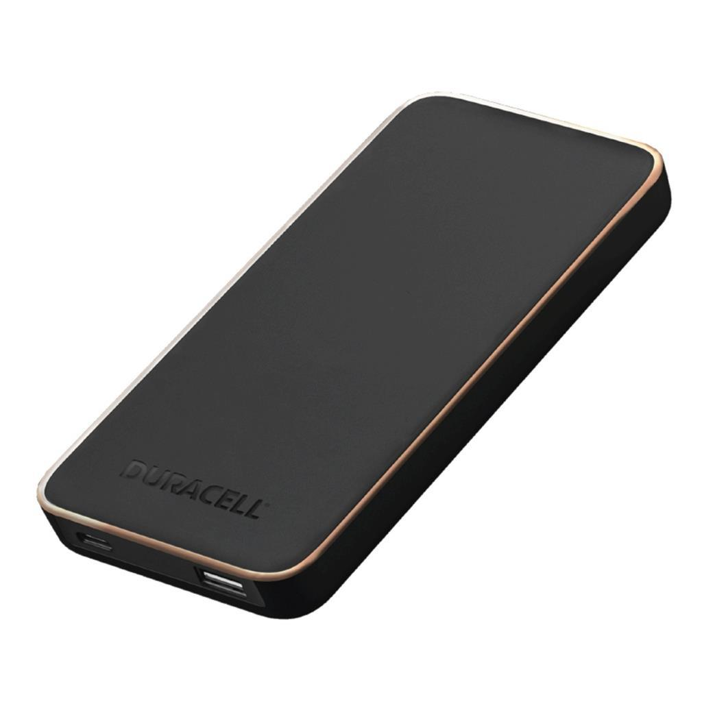 Altın kenarlı siyah Duracell powerbank ve USB bağlantı noktaları.