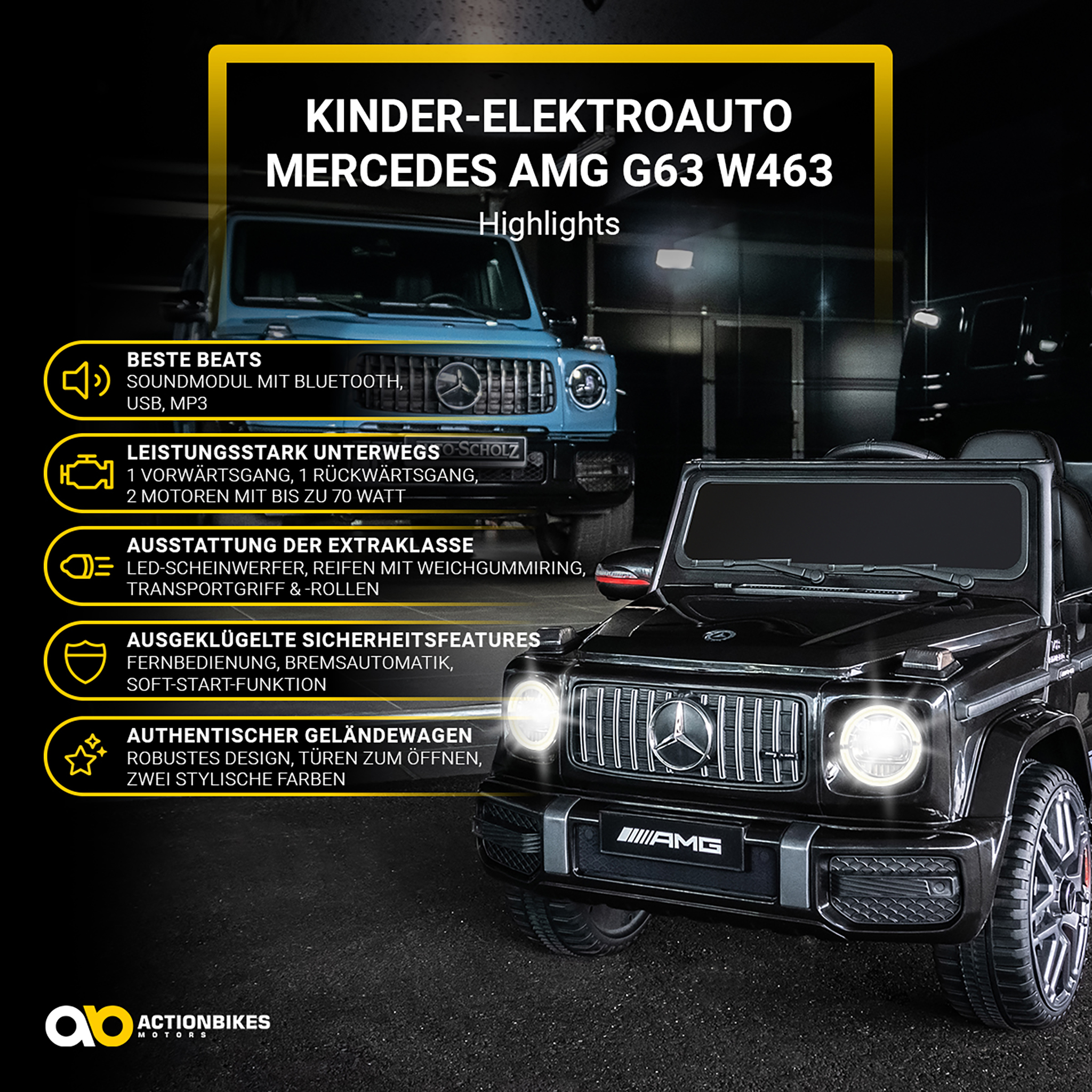 Ein schwarzer Mercedes G63 Elektroauto für Kinder steht im Vordergrund. Ein blauer G63 ist im Hintergrund.