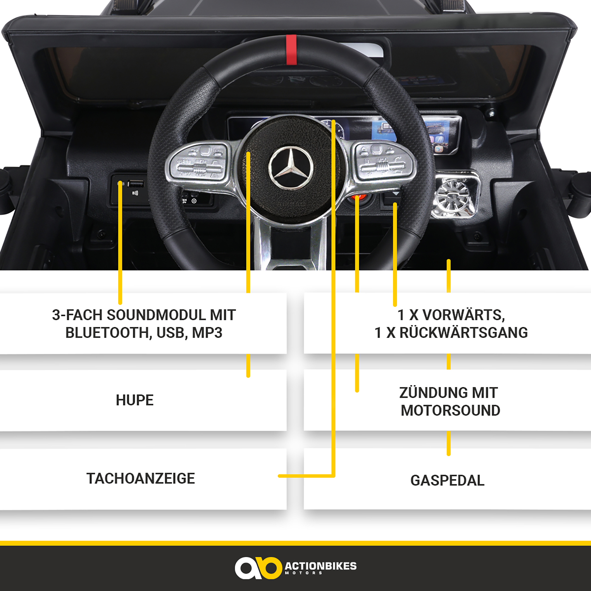 Armaturenbrett eines Spielzeugautos mit Lenkrad, Display und Beschriftungen.