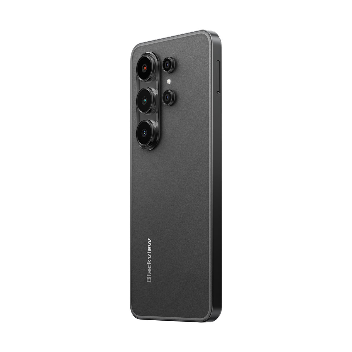 Uno smartphone nero con tre fotocamere posteriori, mostrato su sfondo bianco.