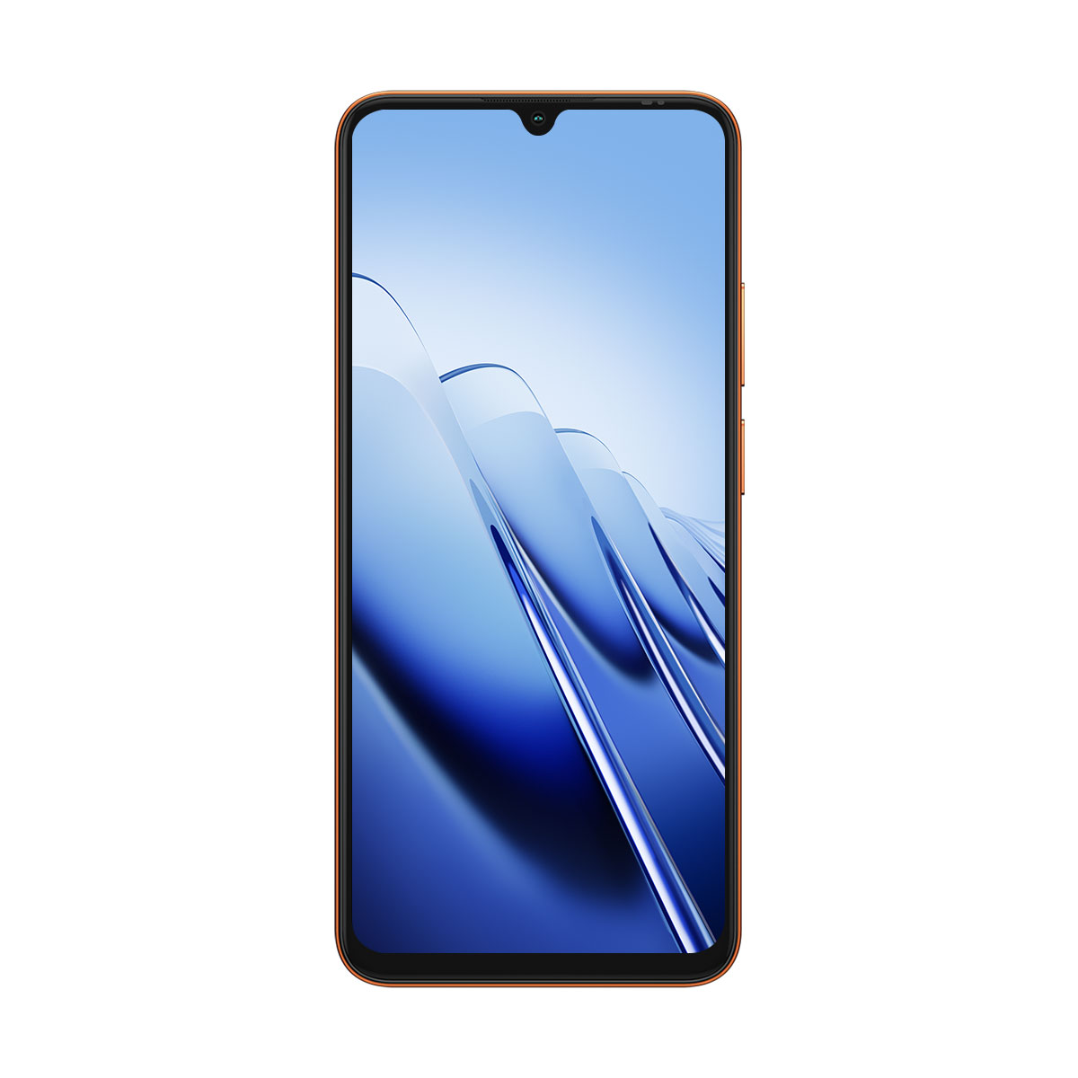 Un teléfono inteligente naranja con un patrón de ondas azules en la pantalla.