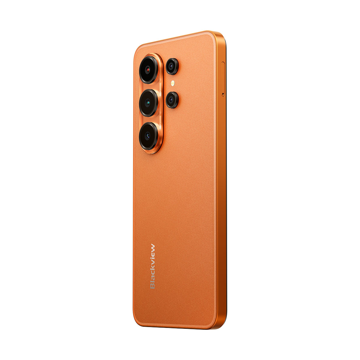 Smartphone arancione con quattro fotocamere posteriori e logo sul retro.