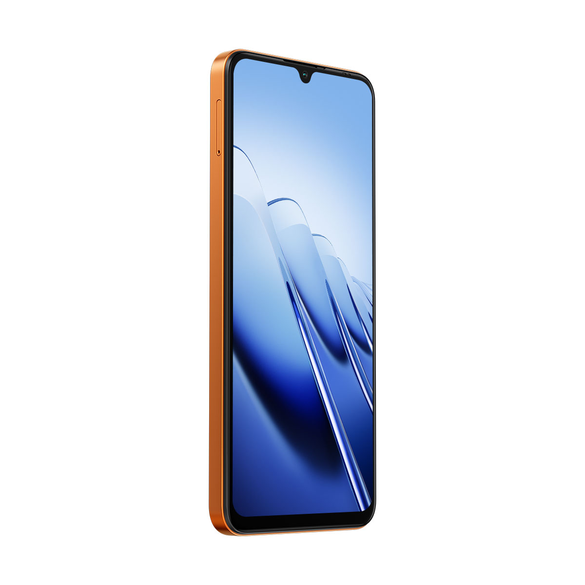 Teléfono inteligente naranja con fondo azul en la pantalla.