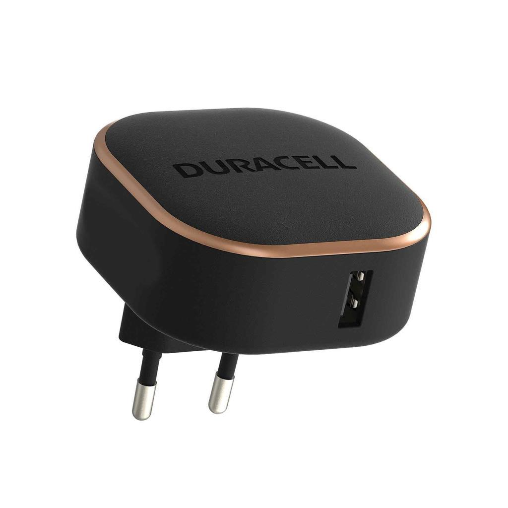 Bakır kenarlı ve USB bağlantı noktalı siyah Duracell şarj cihazı.