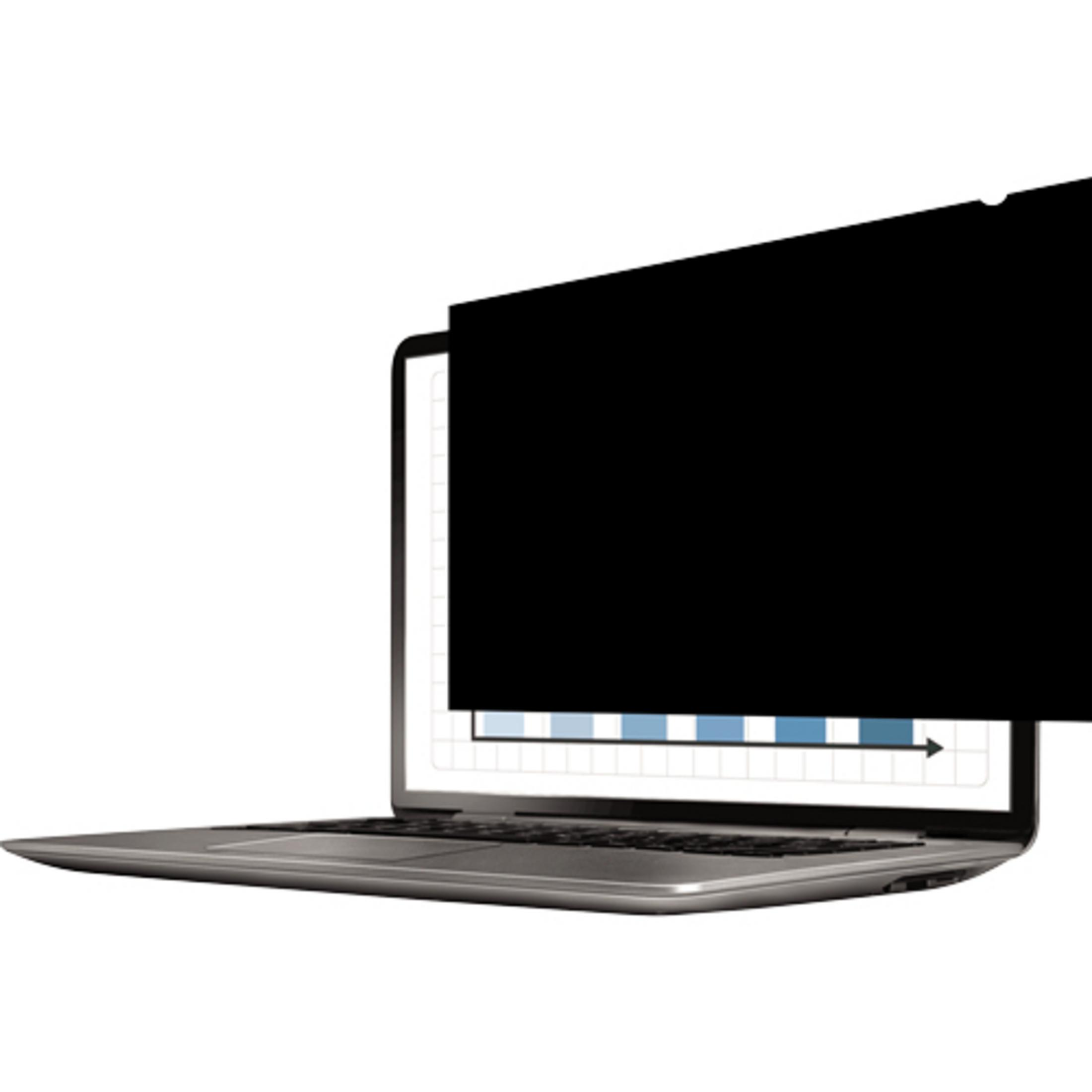 Ein Laptop mit einem schwarzen Sichtschutzfilter auf dem Bildschirm. Der Graph ist teilweise sichtbar.