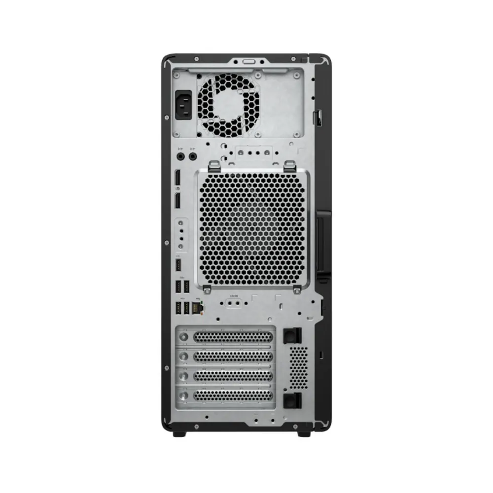 Fanlar, portlar ve genişletme yuvalarını gösteren siyah bir PC'nin arkası.