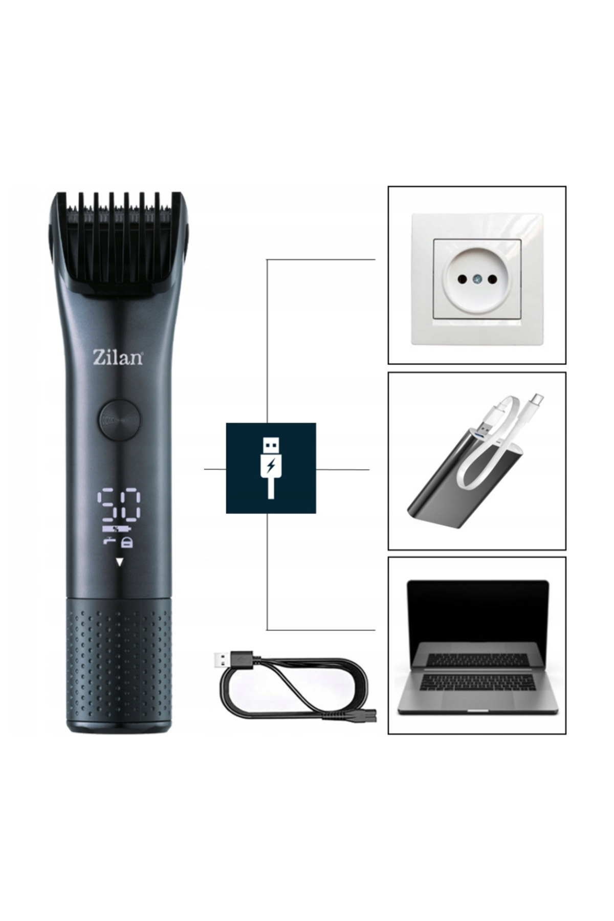 Dijital ekranlı koyu renk Zilan düzeltici, yanında USB kablosu, priz, powerbank ve dizüstü bilgisayar.