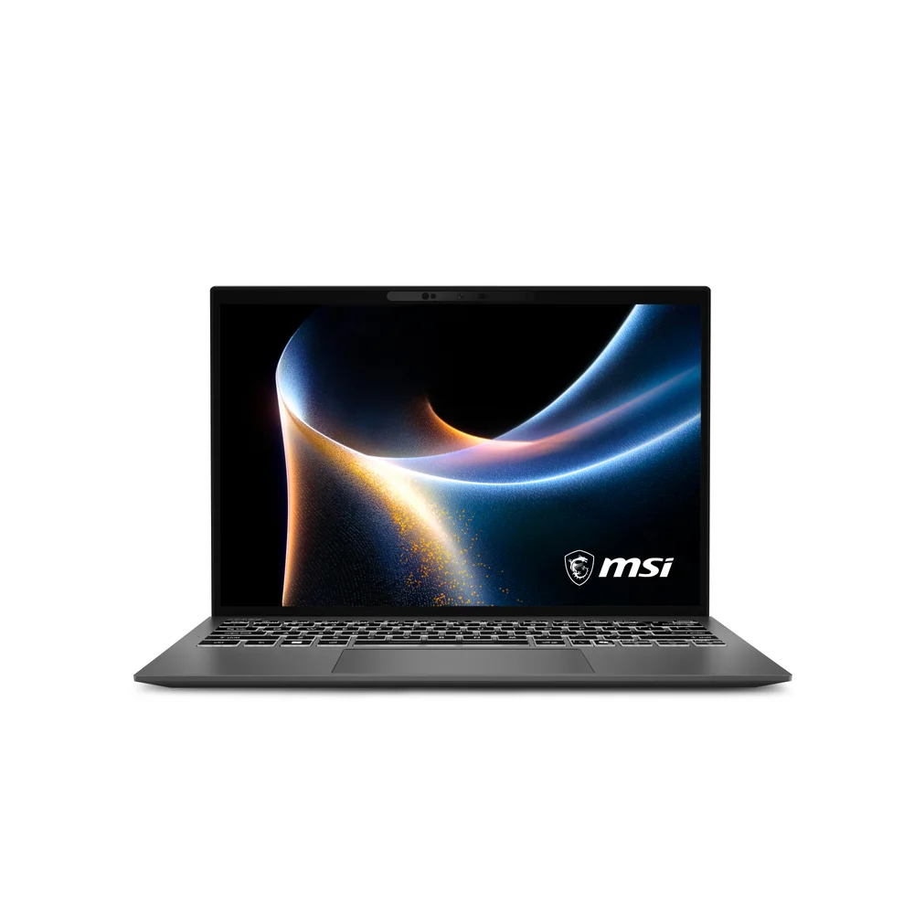 Ekranında MSI logosu ve soyut grafik bulunan açık gri bir dizüstü bilgisayar.