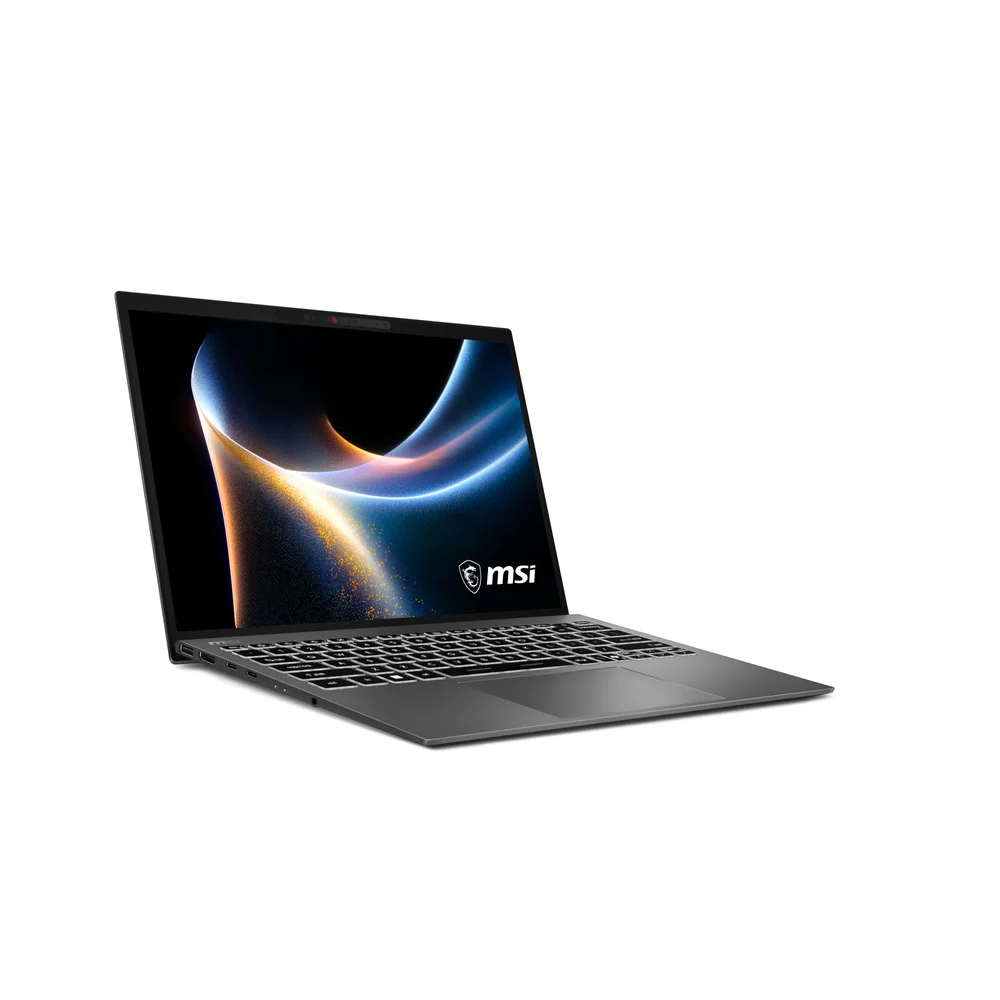 Ekranında renkli bir duvar kağıdı gösteren açık gri bir MSI dizüstü bilgisayar.