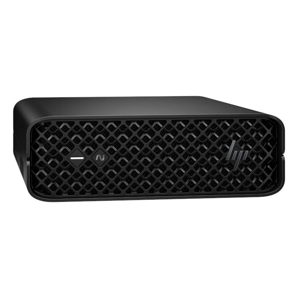 Mini PC HP nero con frontale a rete e logo.